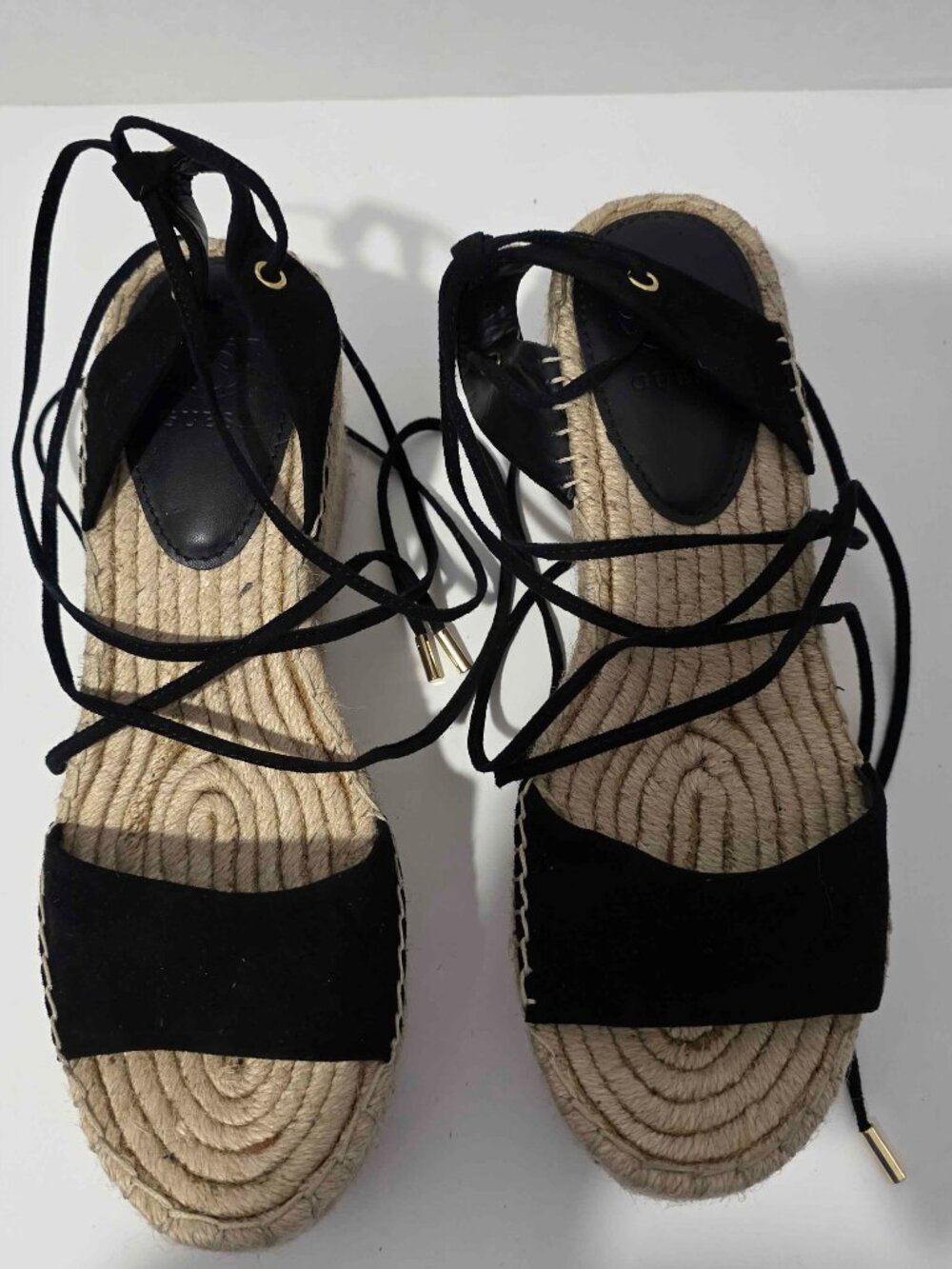 Guess Black Suede Espadrille Lace Up Ankle Tie Wedge Sandals Women's Sz 8M